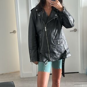 Uterque Genuine leather long biker jacket
